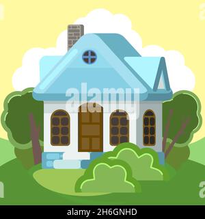 Piccola casa di campagna con pareti bianche e tetti blu chiaro. Divertente stile cartoon. Paese suburbano villaggio. Architettura tradizionale semplice Illustrazione Vettoriale