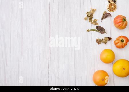 Cornice fotografica autunnale con foglie secche, fette di arancio appassite, gustosi pomodori rosa e pompelmo sostanziosi su una tavola bianca di legno vista dall'alto Foto Stock