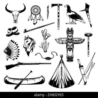 Oggetti nativi americani e icone di armi, simboli tribali vettoriali. tomahawk indiano americano e canoa barca, capo Apache piuma headdress e tot Illustrazione Vettoriale