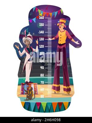 Tabella dell'altezza dei bambini, misurazione della crescita dei circensi. Shapito cartoon grande top tent arena con artisti ape juggler, clown stilt walker e magicia Illustrazione Vettoriale