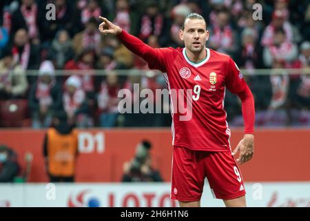 Varsavia, Polonia. 16 novembre 2021. Adam SZALAI d'Ungheria durante il gruppo di qualificazione della Coppa del mondo FIFA 2022 mi incontro tra Polonia e Ungheria allo Stadio Nazionale PGE di Varsavia, Polonia il 15 novembre 2021 (Foto di Andrew SURMA/ Credit: Sipa USA/Alamy Live News Foto Stock