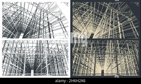 Illustrazione vettoriale stilizzata di strutture di un grande hangar industriale Illustrazione Vettoriale