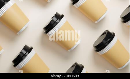 Più tazze di caffè calde monouso organizzate su sfondo beige naturale. Contenitore per bevande. rendering 3d, illustrazione 3d Foto Stock