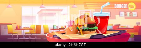 Fast food interno ristorante. Hamburger, pizza, ciambelle e bevande sul vassoio in caffetteria. Illustrazione vettoriale cartoon di mensa di fast food vuota con bancone, menu, tavoli e sedie Illustrazione Vettoriale