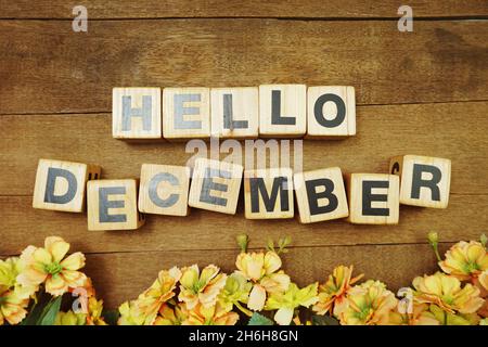 Ciao dicembre lettere alfabetiche su sfondo di legno Foto Stock