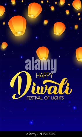Happy Diwali - caratteri vettoriali scritti a mano. Calligrafia moderna su sfondo notturno con lanterne Flying Sky. Illustrazione verticale del poster, della cartolina, dell'invito o del biglietto d'auguri. Illustrazione vettoriale. Illustrazione Vettoriale