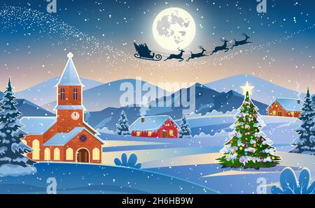 Paesaggio invernale della neve e case con albero di natale. Concetto di biglietto d'auguri o cartolina postale. Sfondo con luna e la silhouette di Babbo Natale flyi Illustrazione Vettoriale