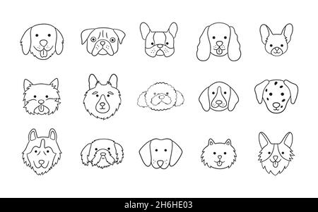 Facce di razze diverse cani set. Corgi, Beagle, Spitz Chihuahua, Terrier, Retriever, Spaniel, Poodle. Collezione di teste di cane di doodle. Disegnato a mano Illustrazione Vettoriale