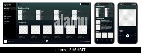 Servizio di streaming musicale Spotify, pagina Web e modello di pagina telefonica in formato vettoriale Illustrazione Vettoriale