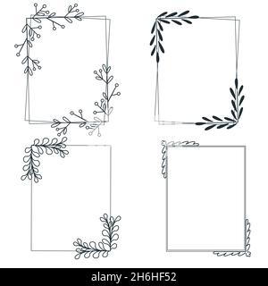 Set di cornici botaniche decorative disegnate a mano con foglie e ramoscelli. Motivi rettangolari da fogli, illustrazione vettoriale. Contorni decidui per inv Illustrazione Vettoriale