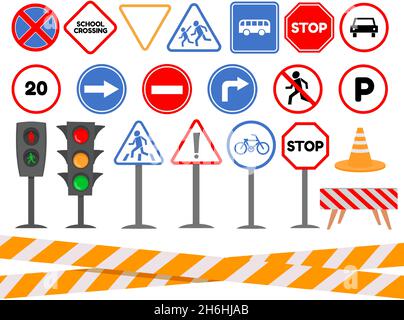 Semaforo cartoon e segnaletica stradale per la sicurezza dei bambini. Segnali di attenzione e di avvertenza per auto e pedoni. Set vettore elemento regole di traffico Illustrazione Vettoriale