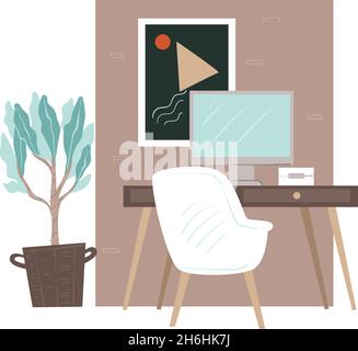 Luogo di lavoro con gadget, mobili e decorazioni Illustrazione Vettoriale