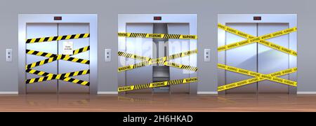 Ascensori 3D danneggiati realistici in riparazione con nastro giallo di avvertimento. Porta sollevatore in metallo con ammaccatura. Chiuso ascensore danneggiato con vettore di attenzione impostato Illustrazione Vettoriale
