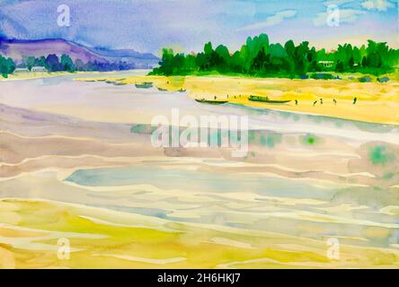 Acquerello paesaggio dipinto originale su carta colorato del fiume Mekong ed emozione di montagna in blu cielo sfondo Foto Stock
