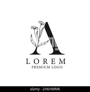 lettera iniziale a con vortici e vettore floreale, un logo lettera formato da foglie Illustrazione Vettoriale