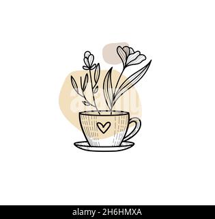 tazza di caffè astratta con illustrazione vettoriale del contorno floreale, piante della casa disegnate a mano in pentole Illustrazione Vettoriale