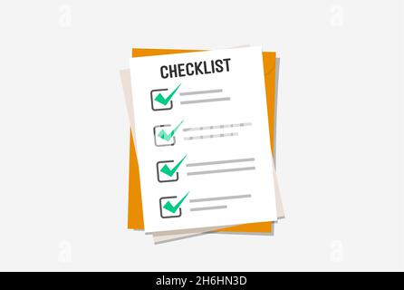 Lista di controllo, attività complete, elenco cose da fare, concetti di esame. Qualità superiore. Elementi grafici dal design moderno e piatto. Foto Stock