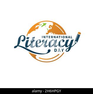 Illustrazione vettoriale dell'illustrazione della Giornata internazionale dell'alfabetizzazione. Taccuino, penna e matita. Alfabetizzazione della parola scritta a mano Illustrazione Vettoriale