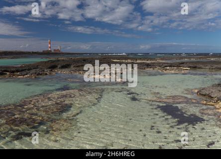 Paesaggi intorno faro Faro de Toston vicino al villaggio El Cotillo nel comune di la Oliva di Fuerteventura, Isole Canarie Foto Stock