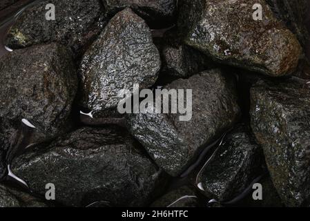 Vista dall'alto di pietra di granito ruvida e bagnata Foto Stock