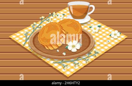 Mucchio di mooncake con teacup impostato su tavola di legno illustrazione Illustrazione Vettoriale