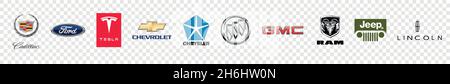 Kiev, UCRAINA. 21 novembre 2021: Logo della società americana del marchio dell'automobile. Tesla, Dodge, ford, RAM, lincoln, cadillac, jeep su bianco Illustrazione Vettoriale