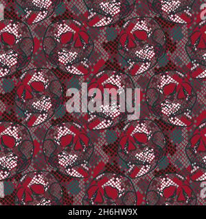 Modello del cranio con texture della pelle di serpente. Grunge senza cuciture sfondo rosso boho per stampe tessili. Illustrazione Vettoriale