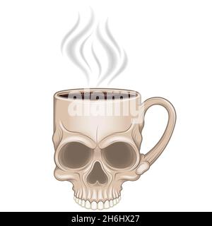 Illustrazione della tazza a forma di cranio con caffè caldo, bevanda calda in un cranio umano Illustrazione Vettoriale