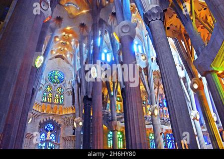 Interno della Sagrada Familia cattedrale, Barcellona, Spagna Foto Stock
