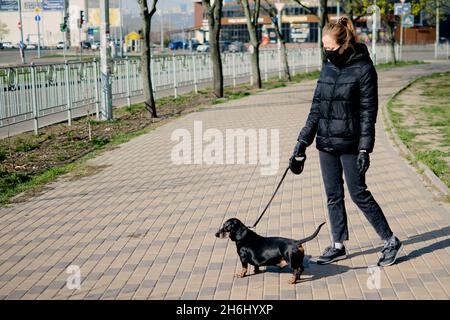 Regole di camminata del cane durante la quarantena. Coronavirus. Giovane donna caucasica con maschera facciale e guanti di gomma prende il suo cane per una passeggiata vicino a casa durante il decor Foto Stock