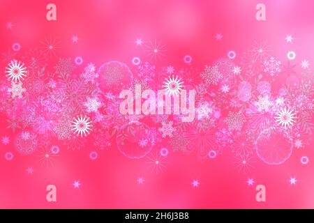 Modello di carta di Natale. Astratto festivo rosso rosa natale fondo texture con bokeh illuminato xmas stelle, baubles e cerchi. Bella card des Foto Stock