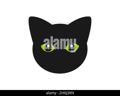 Gatto nero carino con occhi verdi. Icona della testa del gatto. Illustrazione vettoriale. Illustrazione Vettoriale