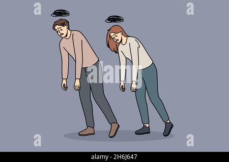 Stanchezza e concetto di esaurimento comune. Uomo e donna giovani che camminano con le mani giù ritenendo stanco illustrazione vettoriale dello zombie Illustrazione Vettoriale