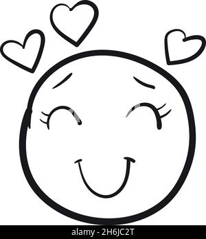Emoji con cuori. Doodle Emotion, romantico simbolo d'amore, illustrazione vettoriale isolato su sfondo bianco Illustrazione Vettoriale