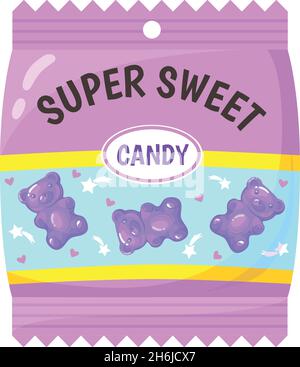 Pacchetto orsi gommi. Orso di marmellata, gelatine colorate per bambini, vettore astratto cartoon isolato su sfondo bianco Illustrazione Vettoriale