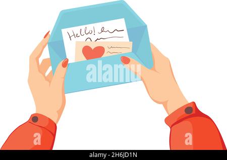 Mani che tengono aperta la busta. Scrivere lettere e-mail con il cuore, inviare lettera o messaggio per posta, cartoon vettore illustrazione isolato su sfondo bianco Illustrazione Vettoriale