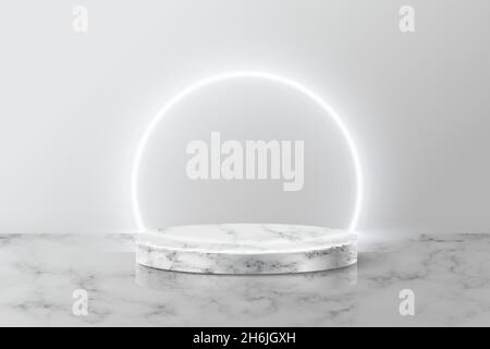 Anello al neon bianco su podio rotondo in marmo grigio per prodotto. piedistallo 3d nell'illustrazione vettoriale del modello di pietra. Palco geometrico a pavimento in camera. Astratto Illustrazione Vettoriale