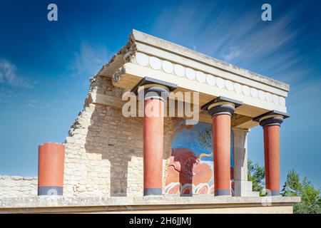 Palazzo Minoico di Cnosso con affresco toro, Heraklion, Creta, Isole Greche, Grecia, Europa Foto Stock