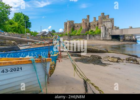 Vista del castello di Conwy, patrimonio dell'umanità dell'UNESCO, e barche sulla riva, Conwy, Conway County Borough, Galles, Regno Unito, Europa Foto Stock