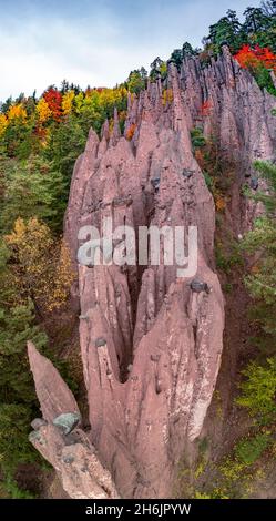 Panoramica di maestosi pinnacoli di piramidi terrene di Renon, Longomoso, Bolzano, Alto Adige, Italia, Europa Foto Stock