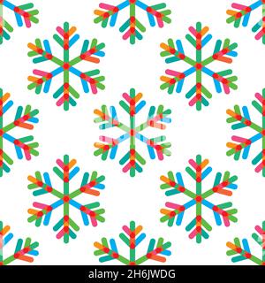 Vacanze invernali modello vettoriale senza cuciture con fiocchi di neve colorati su sfondo bianco. Illustrazione Vettoriale