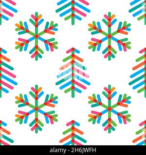 Vacanze invernali modello vettoriale senza cuciture con fiocchi di neve colorati e alberi di Natale, su sfondo bianco. Illustrazione Vettoriale
