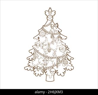 Libro da colorare albero decorato di Natale con un angelo figurine sulla parte superiore, dolci e palle di Natale. Vettore, illustrazione in stile cartoon Illustrazione Vettoriale