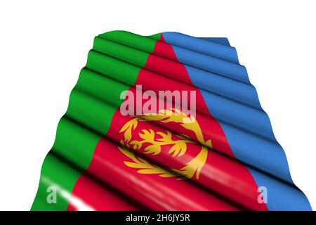 Carino Labor Day flag illustrazione 3d - bandiera lucida di Eritrea con grandi pieghe che giacciono isolate su bianco, vista prospettica Foto Stock