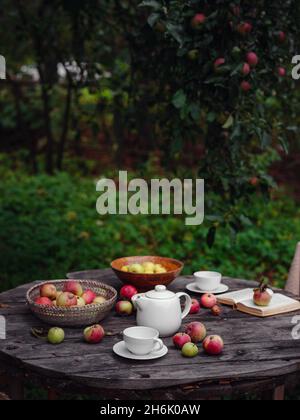 bella autunno ancora vita in melo frutteto, vecchio tavolo con tazza, teiera, mele e libro. Fall Getaway, Apple picking e Harvest Day Celebration Concept Foto Stock