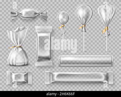 Confezione di caramelle trasparenti. Plastica realistica diversi dolciumi confezionatrici mockup, bianco elementi isolati, bonbon, varietà lollipop. Set vettoriale Illustrazione Vettoriale