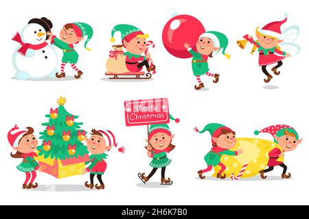 Elfi di Natale. Fumetto divertenti creature magiche, piccoli aiutanti di babbo Natale, gnomes di natale, bambini con regali e giocattoli, set vettoriale Illustrazione Vettoriale