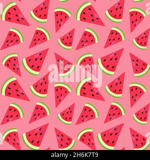 Divertente motivo senza cuciture con pezzi di anguria colorati. Colori rosso, rosa e verde. Umore estivo positivo. Design senza fine. Stampa per tessuti, abiti Illustrazione Vettoriale