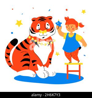 Simbolo del nuovo anno - illustrazione moderna di stile di disegno piatto. La ragazza e il cucciolo della tigre si stanno preparando a celebrare le vacanze invernali. Decorare il ho Illustrazione Vettoriale