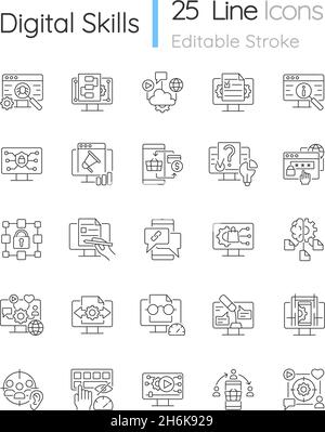 Set di icone lineari delle competenze digitali Illustrazione Vettoriale